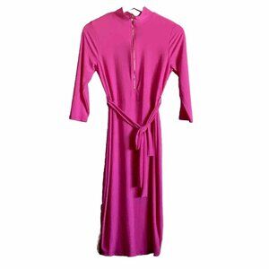 Hot Pink Jersey Zipup Mock Neck Belted Midi‎ Dress Size Small